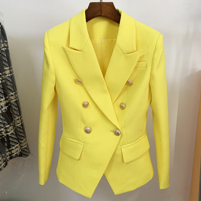 Runway Designer Blazer Women Classic Lion Buttons Double Breasted Slim Fitting Textured Blazer Jacket
