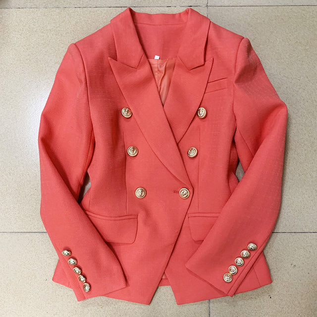 Runway Designer Blazer Women Classic Lion Buttons Double Breasted Slim Fitting Textured Blazer Jacket