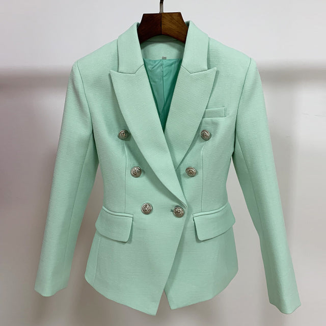 Runway Designer Blazer Women Classic Lion Buttons Double Breasted Slim Fitting Textured Blazer Jacket