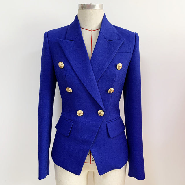 Runway Designer Blazer Women Classic Lion Buttons Double Breasted Slim Fitting Textured Blazer Jacket