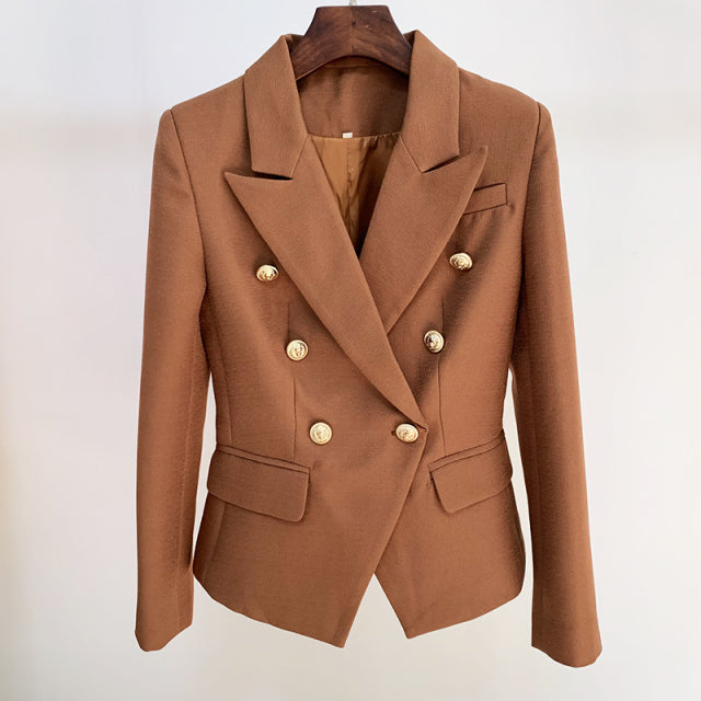 Runway Designer Blazer Women Classic Lion Buttons Double Breasted Slim Fitting Textured Blazer Jacket