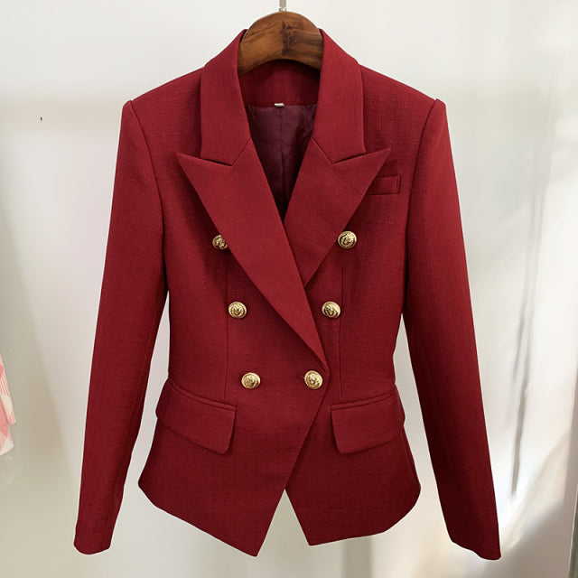 Runway Designer Blazer Women Classic Lion Buttons Double Breasted Slim Fitting Textured Blazer Jacket