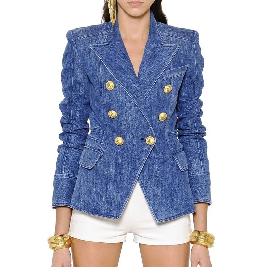 HIGH STREET New Fashion Designer Blazer Jacket Women Metal Lion Buttons Double Breasted Denim Blazer Outer Coat