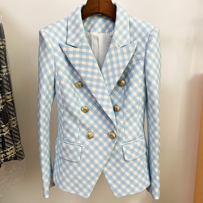 HIGH STREET Newest Designer Jacket Women Slim Fit Lion Buttons Double Breasted Tweed Plaid Blazer