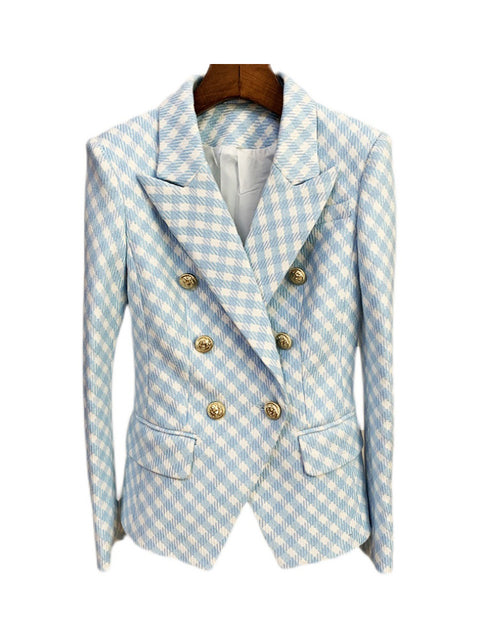 HIGH STREET Newest Designer Jacket Women Slim Fit Lion Buttons Double Breasted Tweed Plaid Blazer