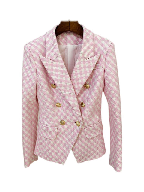 HIGH STREET Newest Designer Jacket Women Slim Fit Lion Buttons Double Breasted Tweed Plaid Blazer