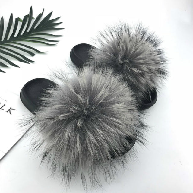 SARSALLYA Fur Slippers Women Real Fox Fur Slides Home Furry Flat Sandals Female Cute Fluffy House Shoes Woman Brand Luxury 2021