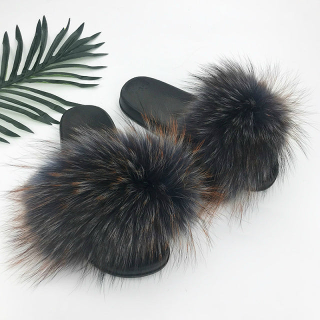 SARSALLYA Fur Slippers Women Real Fox Fur Slides Home Furry Flat Sandals Female Cute Fluffy House Shoes Woman Brand Luxury 2021