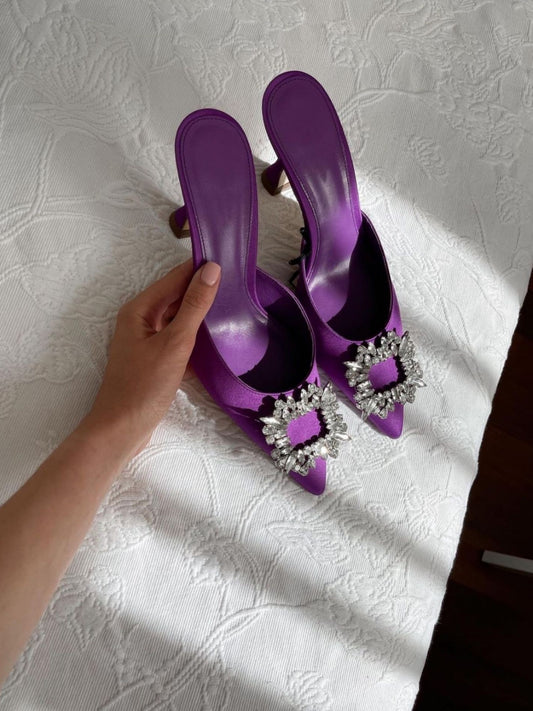 European and American style Baotou rhinestone high heels women's summer satin leather mid-heel sandals woman slippers