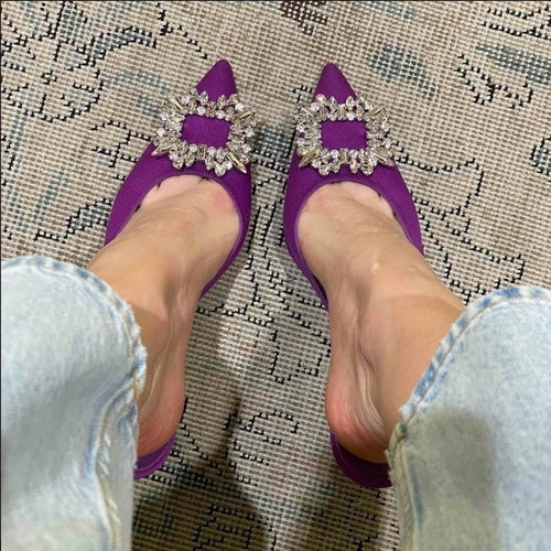 European and American style Baotou rhinestone high heels women's summer satin leather mid-heel sandals woman slippers