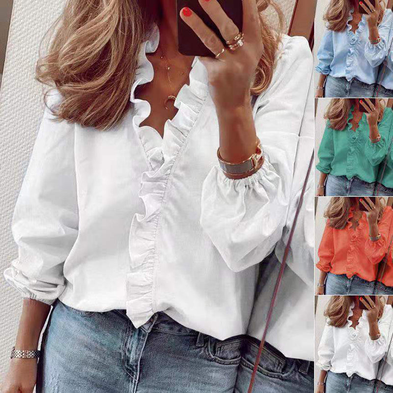 PlusSister 2022 Spring Elegant Ruffles Women Shirt Blouses Casual V Neck Long Sleeve Loose Female Tunic White Blouses For Women