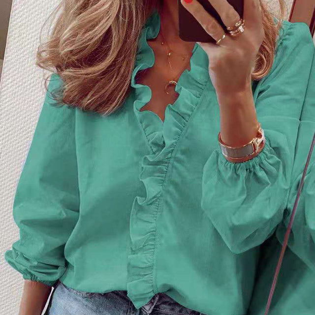 PlusSister 2022 Spring Elegant Ruffles Women Shirt Blouses Casual V Neck Long Sleeve Loose Female Tunic White Blouses For Women