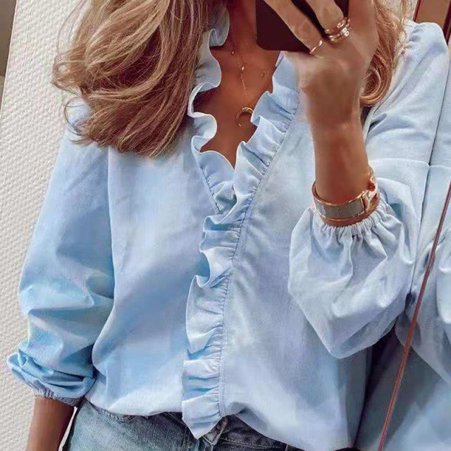 PlusSister 2022 Spring Elegant Ruffles Women Shirt Blouses Casual V Neck Long Sleeve Loose Female Tunic White Blouses For Women