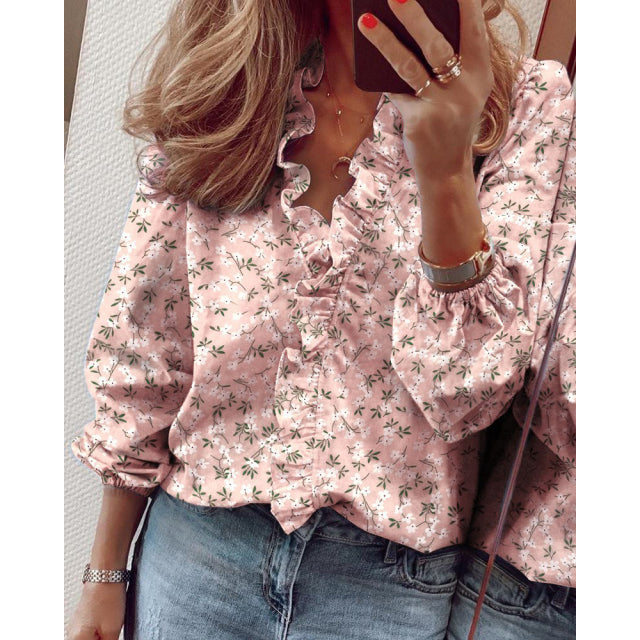 PlusSister 2022 Spring Elegant Ruffles Women Shirt Blouses Casual V Neck Long Sleeve Loose Female Tunic White Blouses For Women