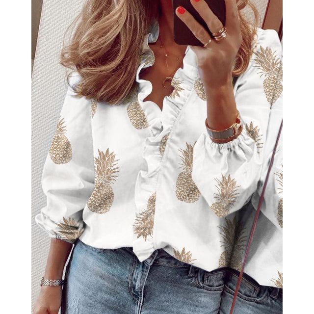 PlusSister 2022 Spring Elegant Ruffles Women Shirt Blouses Casual V Neck Long Sleeve Loose Female Tunic White Blouses For Women