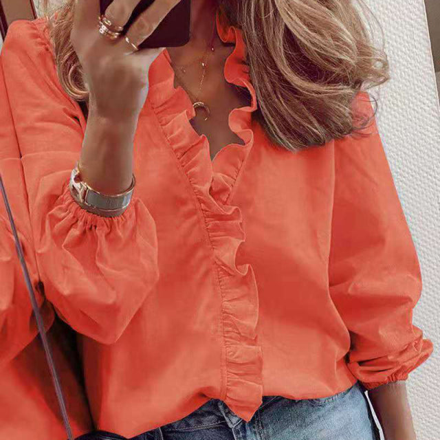 PlusSister 2022 Spring Elegant Ruffles Women Shirt Blouses Casual V Neck Long Sleeve Loose Female Tunic White Blouses For Women