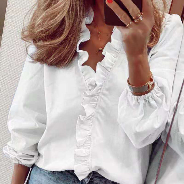 PlusSister 2022 Spring Elegant Ruffles Women Shirt Blouses Casual V Neck Long Sleeve Loose Female Tunic White Blouses For Women