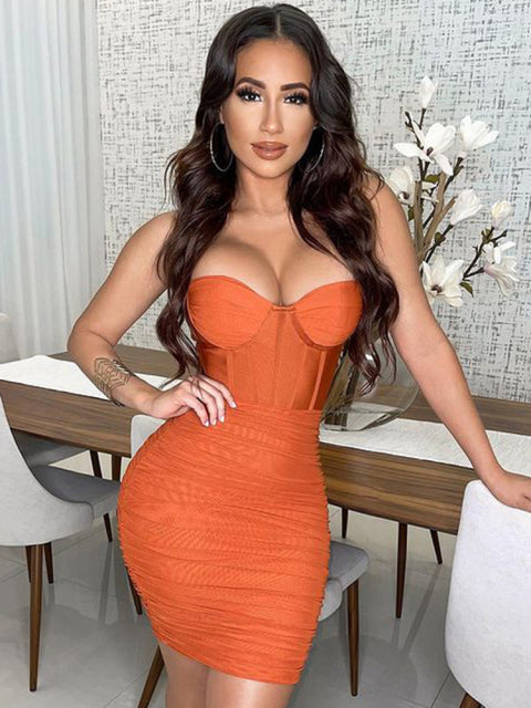 Cryptographic Fashion Mesh Corset Ruched Mini Dress Sleeveless Party Night Club Summer Gown Sexy Backless Dresses See Through