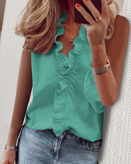 PlusSister 2022 Spring Elegant Ruffles Women Shirt Blouses Casual V Neck Long Sleeve Loose Female Tunic White Blouses For Women