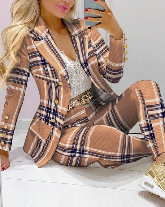 2022 Femme Formal Jacket & Trousers Office Lady Outfits Autumn Women two Pieces set Chain Print Blazer Coat & Pants Suit Sets