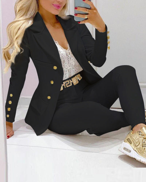 2022 Femme Formal Jacket & Trousers Office Lady Outfits Autumn Women two Pieces set Chain Print Blazer Coat & Pants Suit Sets