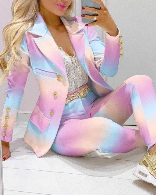 2022 Femme Formal Jacket & Trousers Office Lady Outfits Autumn Women two Pieces set Chain Print Blazer Coat & Pants Suit Sets