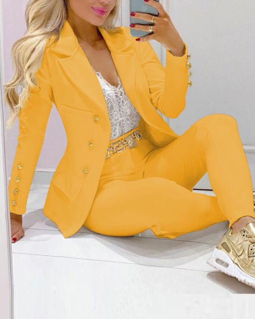 2022 Femme Formal Jacket & Trousers Office Lady Outfits Autumn Women two Pieces set Chain Print Blazer Coat & Pants Suit Sets