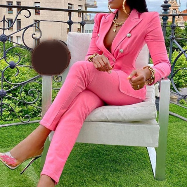 Pink Women Set Jacket Coat Pants Two Piece Set Party Office Pants Suit Female Streetwear Jacket Straight Trousers