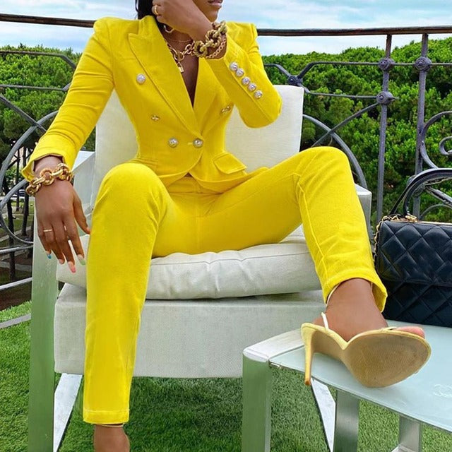 Pink Women Set Jacket Coat Pants Two Piece Set Party Office Pants Suit Female Streetwear Jacket Straight Trousers