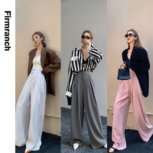Firmranch 2021 New Women Grey & Pink Floorlength Suit Pants Loose Fit High Waist Shorts Wide-leg trousers For Summer