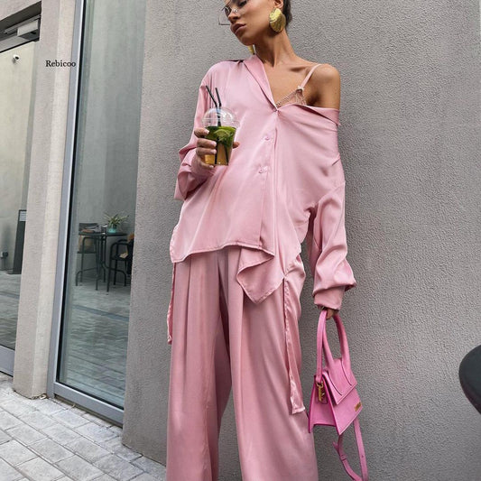 Satin High Waist Pants Set Pink Women Elegant Long Sleeve Blouse Shirt Two Piece Pant Set Casual Wide Leg Trousers Suit