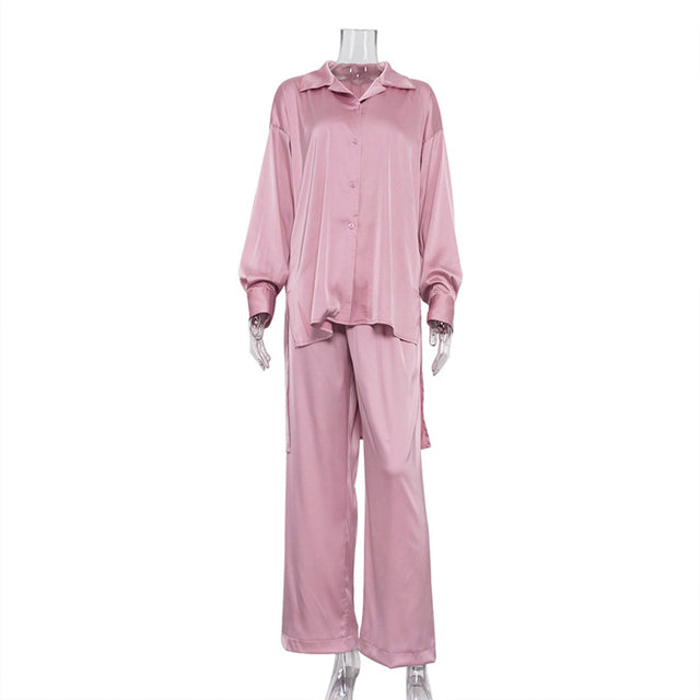 Satin High Waist Pants Set Pink Women Elegant Long Sleeve Blouse Shirt Two Piece Pant Set Casual Wide Leg Trousers Suit
