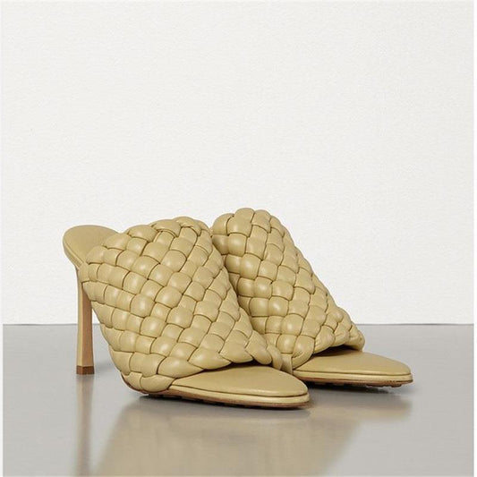 2022 Female Design Shoes Sexy High Quality Slip on Slippers Summer Woman New Stiletto High Heels Open Toe Woven White Slippers