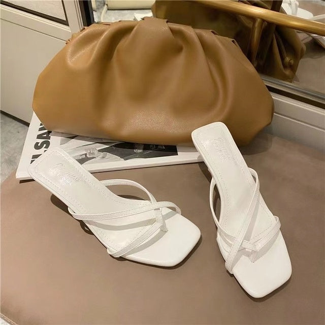 New Summer Heel Women Slippers Square Toe Slip On Shoes Ladies Dress Thin Heel Female Outdoor Party Slides sandalias mujer