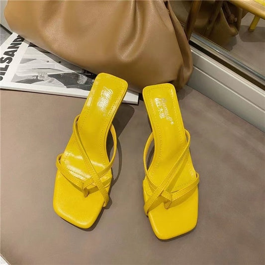 New Summer Heel Women Slippers Square Toe Slip On Shoes Ladies Dress Thin Heel Female Outdoor Party Slides sandalias mujer
