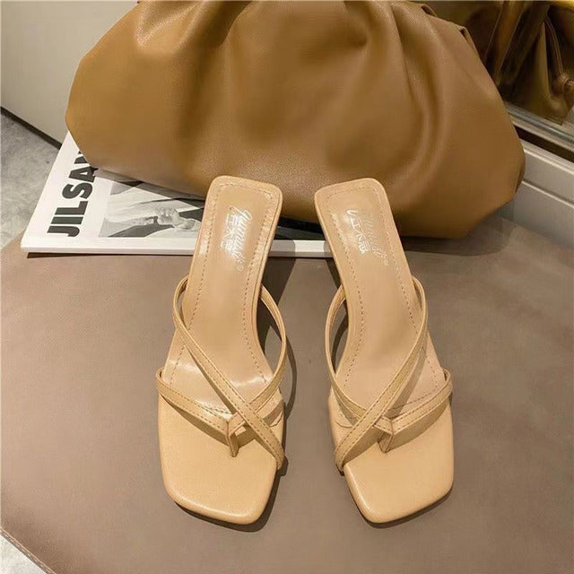 New Summer Heel Women Slippers Square Toe Slip On Shoes Ladies Dress Thin Heel Female Outdoor Party Slides sandalias mujer