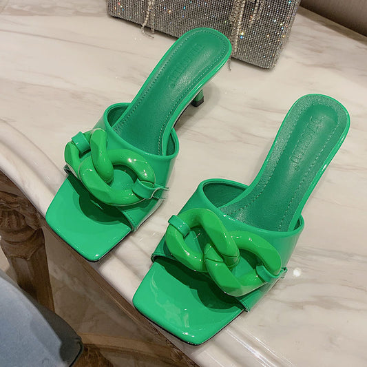 Green Thin High Heel Slipper Open Toe Casual Dress Pumps Women Summer Sandal Shoes Female Fashion Brand Buckle Slide Ladies