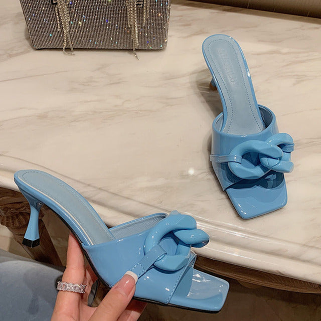 Green Thin High Heel Slipper Open Toe Casual Dress Pumps Women Summer Sandal Shoes Female Fashion Brand Buckle Slide Ladies