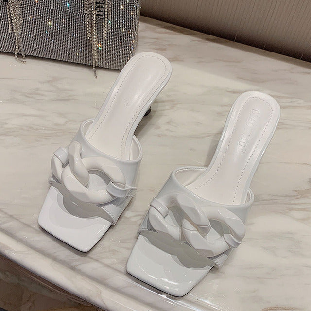 Green Thin High Heel Slipper Open Toe Casual Dress Pumps Women Summer Sandal Shoes Female Fashion Brand Buckle Slide Ladies