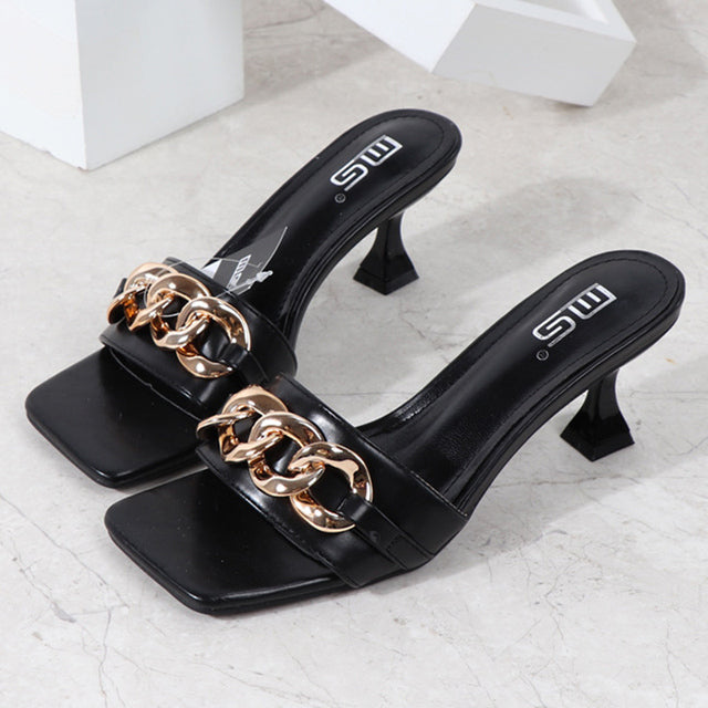 2022 Summer Women 6cm High Heels Slides Mules Metal Chian Yellow Green Kitten Low Heels Slippers Designer Platform Black Shoes