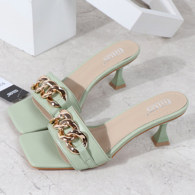 2022 Summer Women 6cm High Heels Slides Mules Metal Chian Yellow Green Kitten Low Heels Slippers Designer Platform Black Shoes