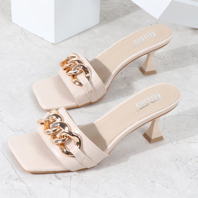 2022 Summer Women 6cm High Heels Slides Mules Metal Chian Yellow Green Kitten Low Heels Slippers Designer Platform Black Shoes