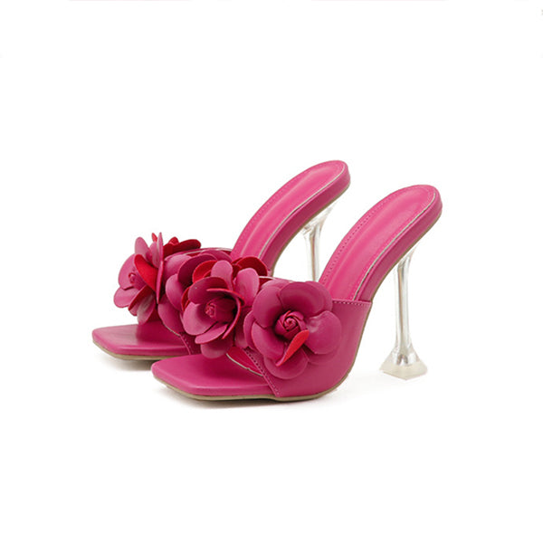 High Heels Women Sandals Handmade Flowers Stiletto Slippers Solid Color Square Toe Women Shoes Plus Size 42
