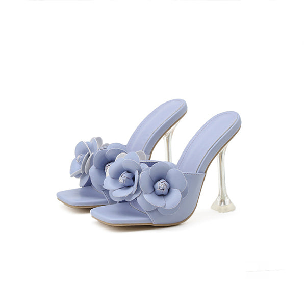 High Heels Women Sandals Handmade Flowers Stiletto Slippers Solid Color Square Toe Women Shoes Plus Size 42