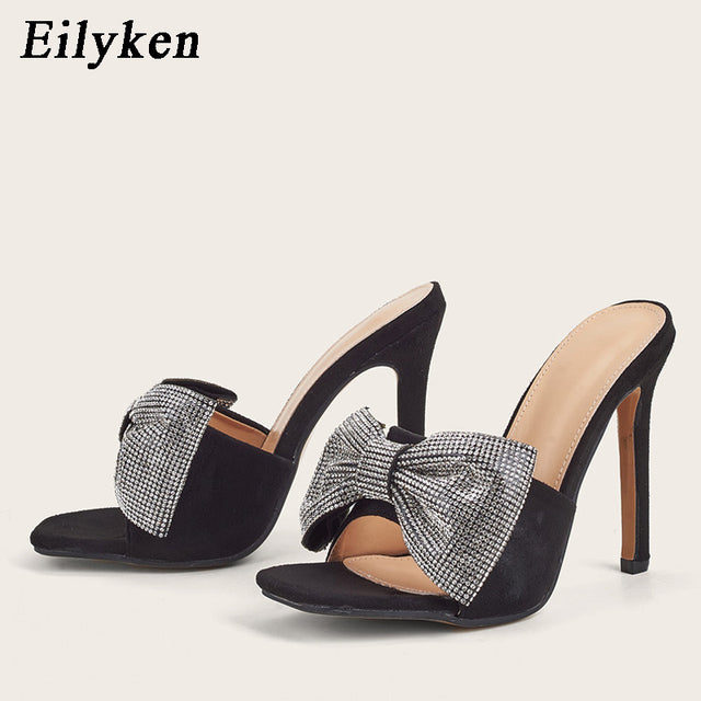 Eilyken Newest Fashion Crystal Rhinestone Butterfly-knot Women Summer Party Slippers Square Toe Sandals Thin High Heels Ladies