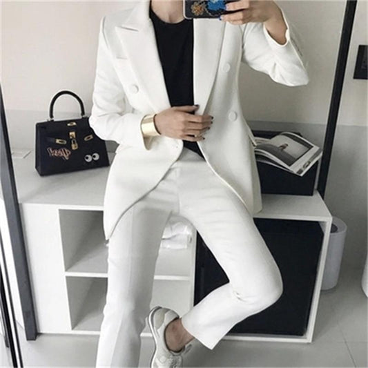 white suit female spring New leisure Double-breasted small suit+pants professional wild two-piece suit women