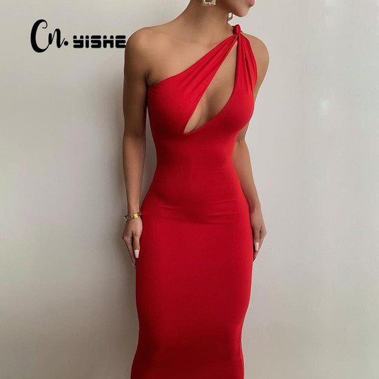 One Shoulder Bodycon Sheath Midi Party Dresses for Women Summer Sleeveless Outfits Sexy Hollow Out Dress Female Vestidos