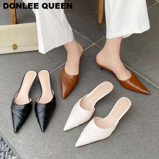 Slippers Women Pointed Toe Slides Women Low Heel Mules Thin Heel Slippers Outdoor Flip Flops  Pleated Shoes Female Sandals