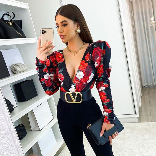 Elegant Boho Print Bodysuits Rompers Women Jumpsuits Puff Sleeve Skinny Sexy V-neck Bodies Ladies Casual Overalls