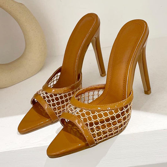 New Sexy Pointed Toe Thin High Heels Pumps Green Mesh Slippers Summer Fashion Slip On Slides Women Mules Party Shoes Sandals